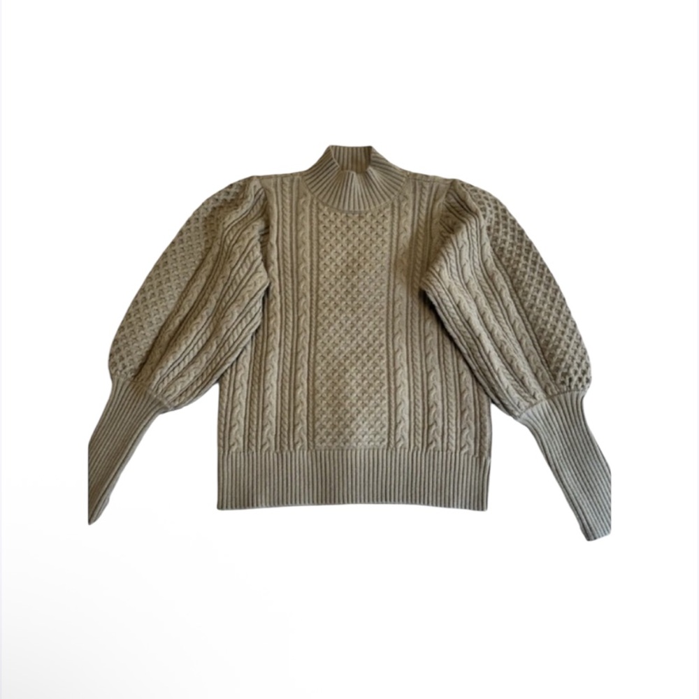 Industry Women's Cable Knit Puff Sleeve Sweater Taupe Mock Neck‎ Size S